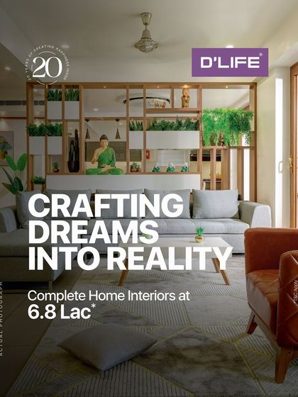 I craft dreams into reality. This beautiful living room with natural elements is an example of the complete home interiors I offer starting at 6.8 Lac.