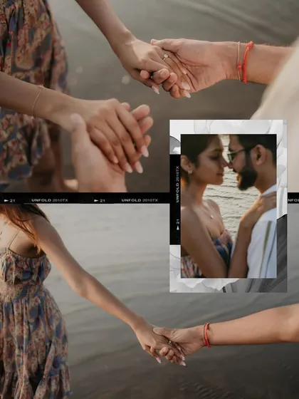 This creative collage focuses on the simple, intimate gesture of holding hands. It blends close-up details with a romantic portrait, emphasizing the deep connection shared by the couple during their beach pre-wedding shoot.