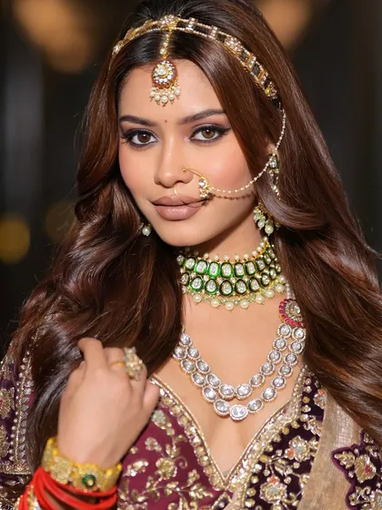 This is the essence of a modern maharani look. A close-up showcasing the sharp, defined winged eyeliner and soft, blended eyeshadow that create a captivating gaze. The makeup is designed to complement the heavy bridal jewelry and rich maroon outfit, creating a look that is both traditional and stunningly contemporary.