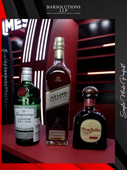 A lineup of the premium spirits we served at the Diljit Dosanjh concert, including Johnnie Walker Gold Label, Tanqueray, and Don Julio.