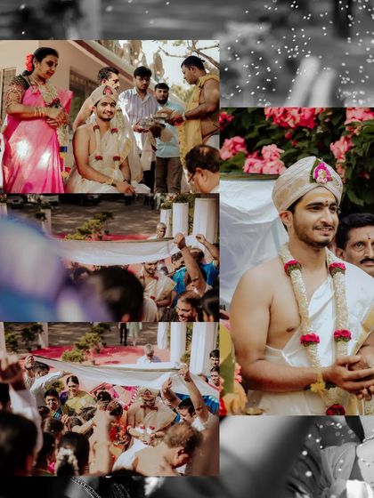 A collage capturing various moments from a traditional wedding ceremony, filled with family, rituals, and the happy groom.