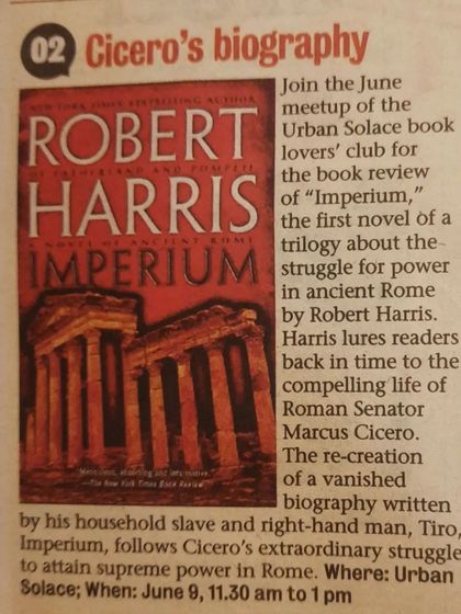 A newspaper clipping announcing our June book club meet to discuss "Imperium," a biography of Cicero by Robert Harris.
