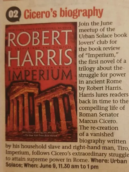 A newspaper clipping announcing our June book club meet to discuss "Imperium," a biography of Cicero by Robert Harris.