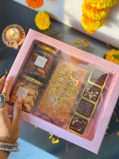 A top-down view of the 'Treat Box' for Diwali. I make sure every hamper is generously packed and looks as good as it tastes.