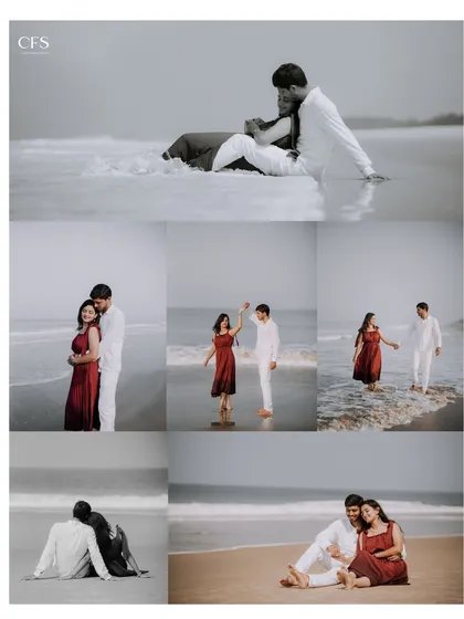 A collection of candid and posed moments from a beach session, mixing color and black and white to tell a complete story of their day by the sea.
