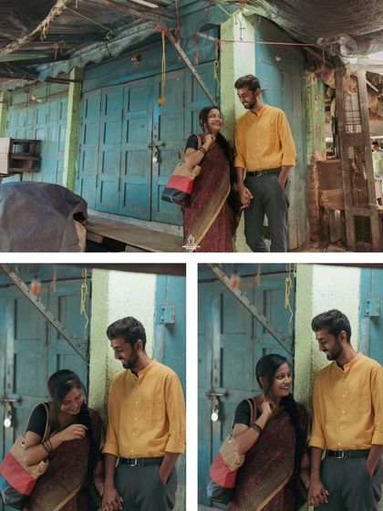 A collage of a couple's vintage-themed pre-wedding shoot, capturing their candid moments against an old blue door.