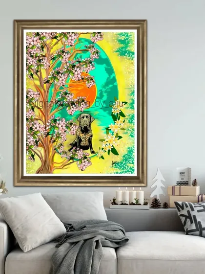 A vibrant digital painting of a dog sitting under a blossoming tree, shown in a holiday-themed room.