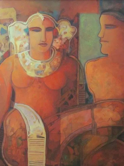 This work by Swapan Kumar Palley is a wonderful example of contemporary art that draws from ancient history. You can see the clear influence of the Ajanta cave paintings in the figures and rich, earthy textures, creating a timeless dialogue.