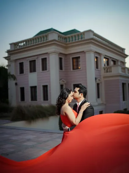 Another angle from a grand pre-wedding shoot, showing how I use the environment and the couple's pose to create a sense of romance and scale.