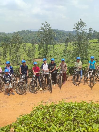 A group of young mountain bikers poses with their cycles against the backdrop of Coorg's rolling tea gardens.