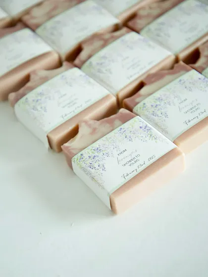 Rows of the beautifully wrapped soaps, matching the special day's theme.