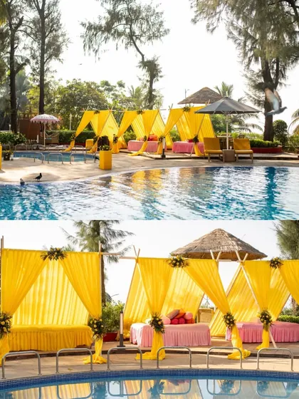 Comfortable and stylish seating is key for a poolside Haldi. I set up these beautiful yellow cabanas to provide shade and a perfect spot for guests to relax and enjoy the festivities.