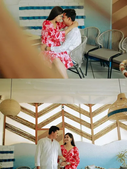 A collage of intimate moments from a cozy cafe pre-wedding shoot. The vibrant decor of the BBC Restaurant Cafe adds a fun and modern touch to their love story.