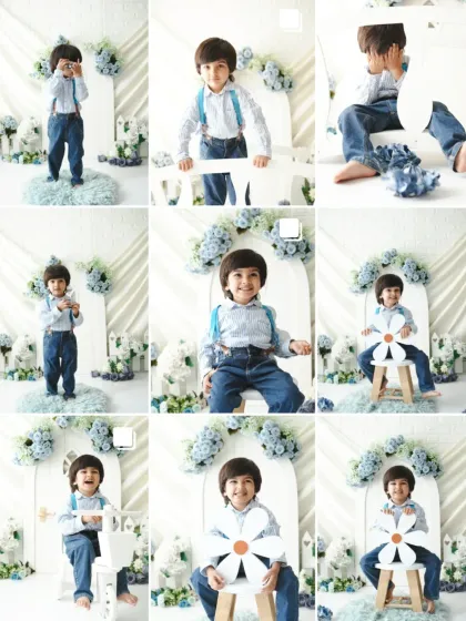 A grid collage showing the many expressions of a little boy during his studio session. This format is a great way to showcase your child's personality.