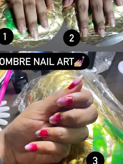 This collage shows the steps of creating an ombré nail art look. From the bare nails to the final blended red and pink design, you can see the transformation unfold.