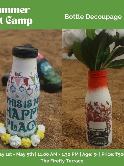 Upcycling is fun! This poster shows examples of bottle decoupage, an activity where kids learn to transform simple glass bottles into beautiful decorative vases using paper cutouts, glue, and paint.