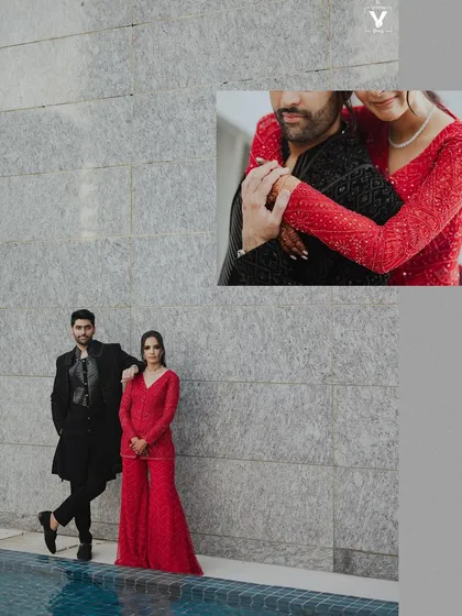 A creative collage combining a full-length shot of the couple by a pool with a close-up of their embrace. The modern, architectural feel makes this a very stylish composition.
