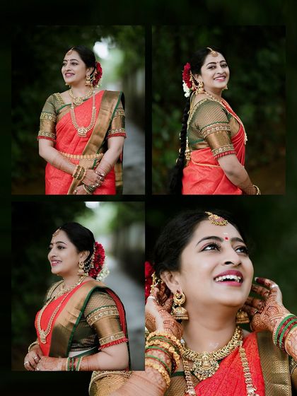 A collage of the radiant bride, showcasing her beautiful smile, traditional jewelry, and intricate hairstyle with fresh flowers.
