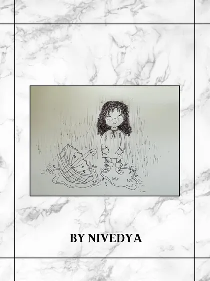 A charming and whimsical pen and ink sketch by Nivedya, capturing a sweet moment of a girl with her umbrella in the rain.
