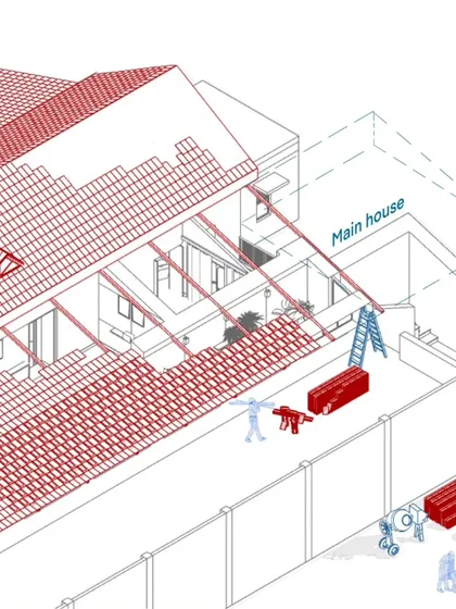This drawing shows the deconstruction and reconstruction process for the roof and verandah of the main house at the Nagapattinam project. The goal is to restore the building to its original tropical architectural character.