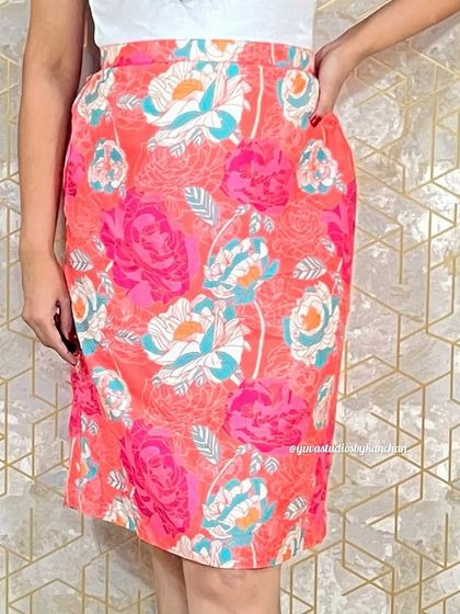 A close up of our digitally printed muslin skirt. The rich floral print adds a touch of luxury and elegance to this comfortable piece.