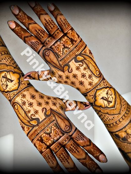 A collage of a beautiful back hand design featuring peacocks and personalized initials. The details are intricate and elegant.