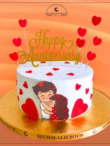 Celebrate your love story with this cute anniversary cake. The illustrated couple and scattered red hearts create a sweet and personal message for your special day.