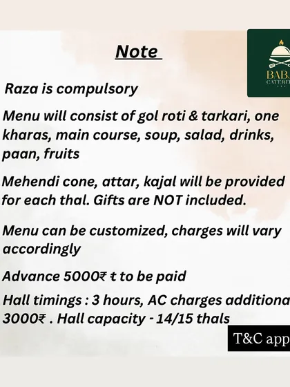 The details of our Shitabi thal package. We are transparent about our offerings, which include a full course menu and traditional accompaniments like mehendi cones and attar for each thal.