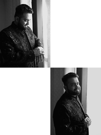A black and white collage of the groom getting ready, checking his watch and looking out the window.