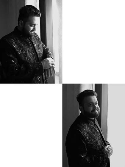 A black and white collage of the groom getting ready, checking his watch and looking out the window.