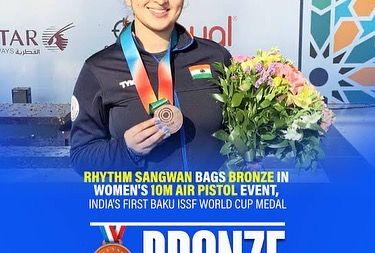 Celebrating India's first medal at the Baku ISSF World Cup, a bronze in the Women's 10M Air Pistol event. This is the level we aspire to.