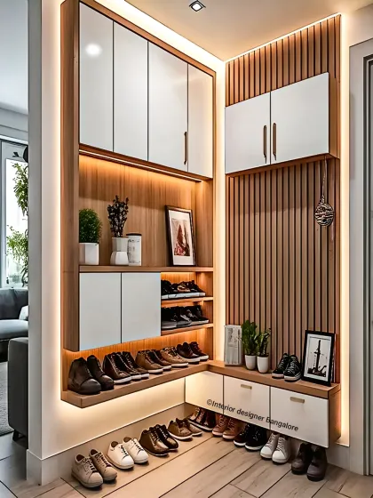 A smart and stylish entryway storage solution with integrated lighting. This modular unit includes concealed shoe racks, open shelves for everyday footwear, overhead cabinets, and a dedicated section for hanging coats and bags.