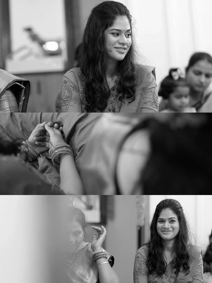 A black and white collage telling a story of a woman at a family event. The different frames capture her thoughtful expressions and interactions, creating a timeless and emotional narrative of the day.
