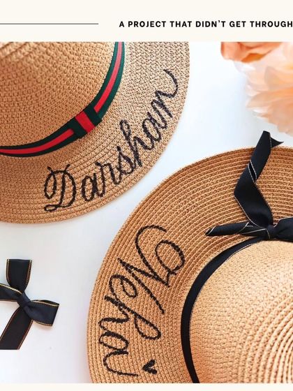 A project that didn't get through, but was a learning experience. These sample hats feature hand-lettered names, a challenging but rewarding process on a heavily textured surface.