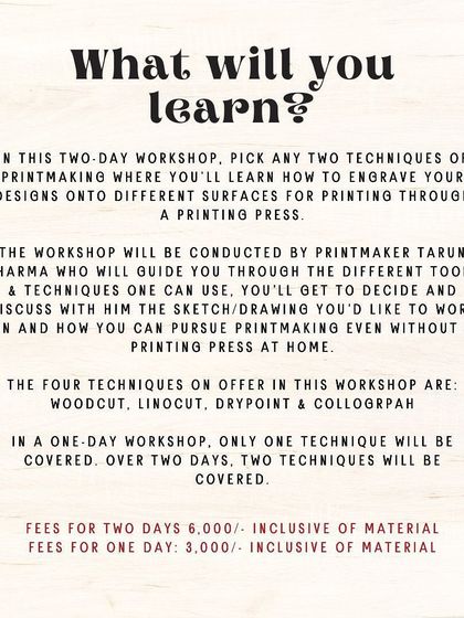 This graphic details what you can learn in our two-day printmaking workshop, from engraving your design to using a printing press.