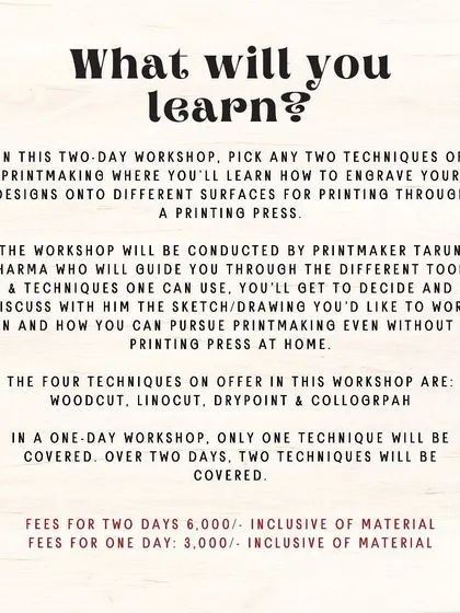 This graphic details what you can learn in our two-day printmaking workshop, from engraving your design to using a printing press.