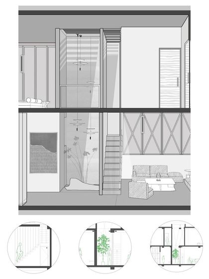 A sectional drawing of the house, revealing the strategic cut-outs and light courts that draw in daylight and support cross-ventilation, turning constraints into spatial opportunities.
