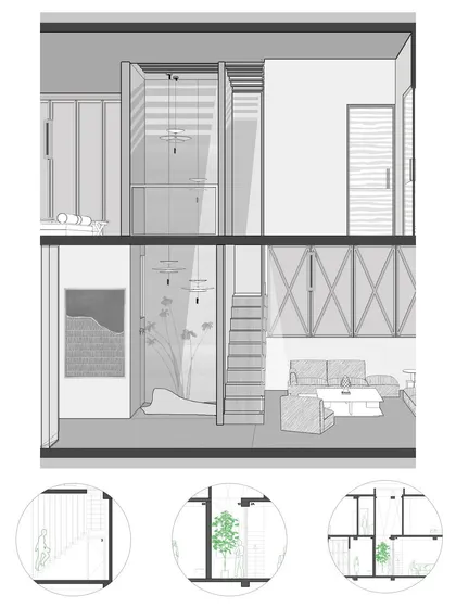 A sectional drawing of the house, revealing the strategic cut-outs and light courts that draw in daylight and support cross-ventilation, turning constraints into spatial opportunities.