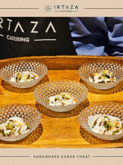 Hara Bhara Kebab Chaat, presented on a wooden tray by my service staff. The individual crystal bowls make it easy for guests to enjoy this flavorful and unique dish.