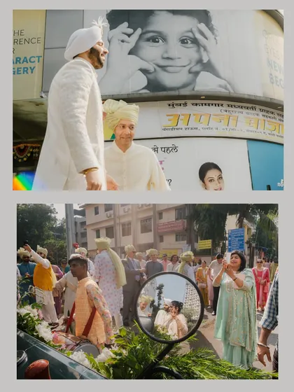 Creative shots of the baraat, including a reflection in a car mirror, capturing the vibrant and bustling atmosphere of a Mumbai wedding procession.