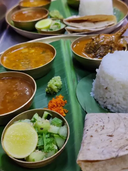 A close-up of the Kolhapuri thali from my pop-up at Folk, Kala Ghoda. The details matter, from the fresh koshimbir to the squeeze of lime.
