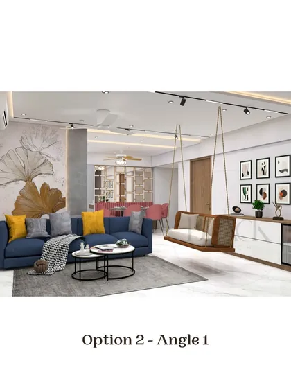 This image presents 'Option 2' of a living room 3D design for a client. It features a blue sofa, a hanging swing, and a light wood media console, creating a bright and airy feel. We provide multiple options to ensure the final design perfectly matches our client's taste.