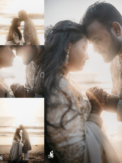A collection of intimate, sun-drenched moments from a beach pre-wedding shoot, focusing on close-ups and tender expressions.