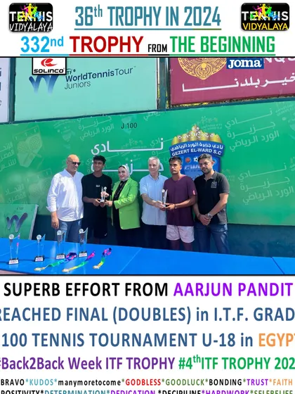 Superb effort from Aarjun Pandit, reaching the doubles final in the ITF Grade J100 U-18 tournament in Egypt. This was his 4th ITF trophy of 2024.