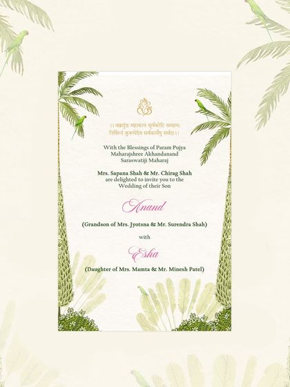 The main wedding invitation, featuring elegant parrot illustrations and palm trees. The inclusion of Gujarati script for the blessings adds a personal and culturally significant touch for the family.