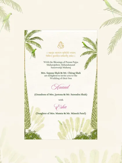 The main wedding invitation, featuring elegant parrot illustrations and palm trees. The inclusion of Gujarati script for the blessings adds a personal and culturally significant touch for the family.