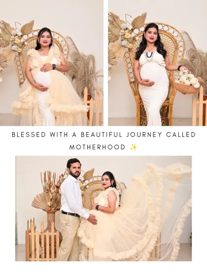 A collage celebrating motherhood in our Boho studio. It features the mom-to-be in two different beautiful gowns, along with a loving portrait with her partner.