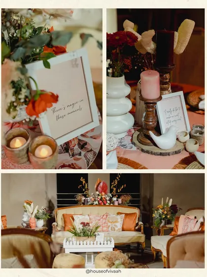 A collage of cozy lounge seating and table details, with warm candlelight and framed quotes adding a personal and magical touch to the atmosphere.