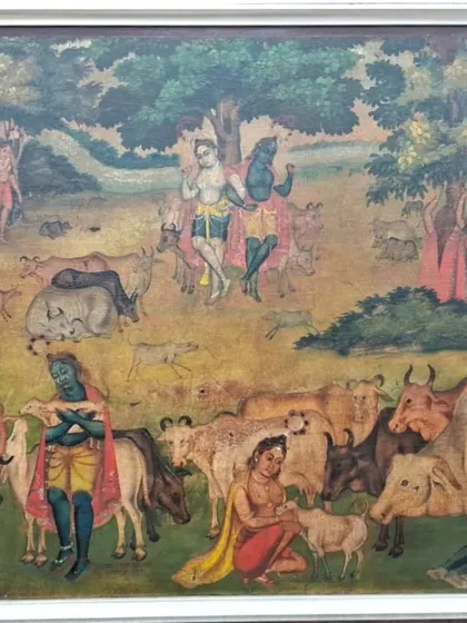 Witness the breathtaking revival of an early Bengal School painting. This piece arrived at our gallery darkened and neglected, and through a meticulous conservation process involving careful cleaning and stabilization, its vibrant narrative and brilliant colors were brought back to life.