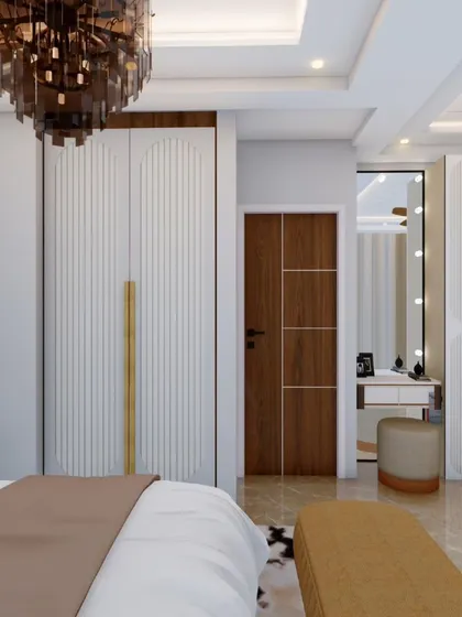 This render showcases a bedroom layout with a fluted white wardrobe that has a long brass handle. It also visualizes the placement of a vanity table with a Hollywood-style mirror, ensuring the space is both stylish and practical.